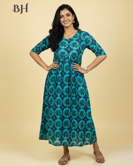 Green Blue Cotton Frock for Women | Comfortable Daily Wear Dress