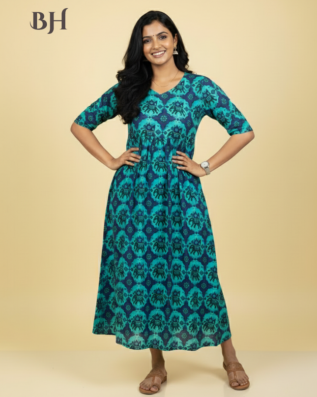 Green Blue Cotton Frock for Women | Comfortable Daily Wear Dress