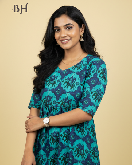 Green Blue Cotton Frock for Women | Comfortable Daily Wear Dress