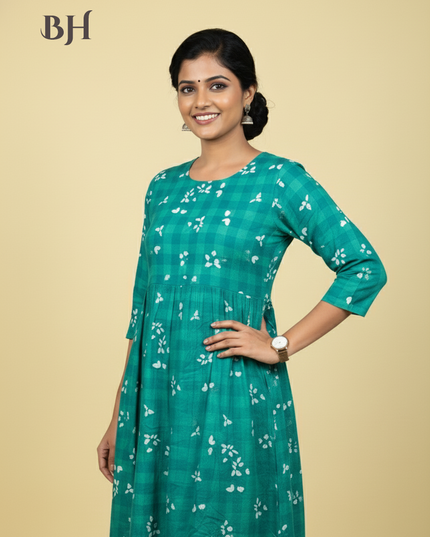Green Cotton Frock for Women | Comfortable Daily Wear Dress