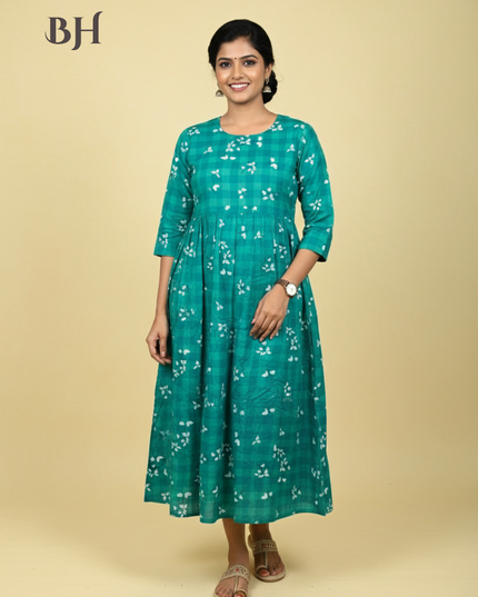 Green Cotton Frock for Women | Comfortable Daily Wear Dress