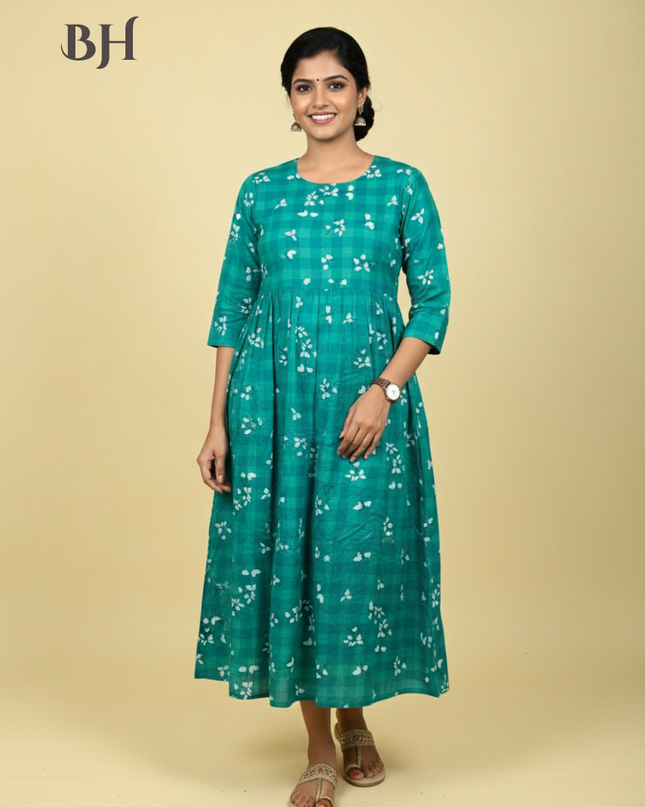 Green Cotton Frock for Women | Comfortable Daily Wear Dress
