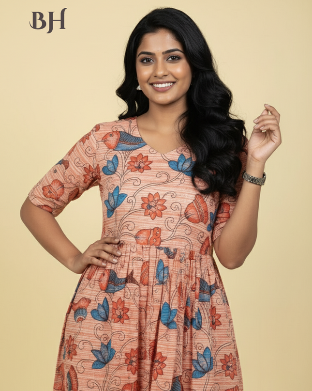 Pastel Brown Cotton Frock for Women | Comfortable Daily Wear Dress