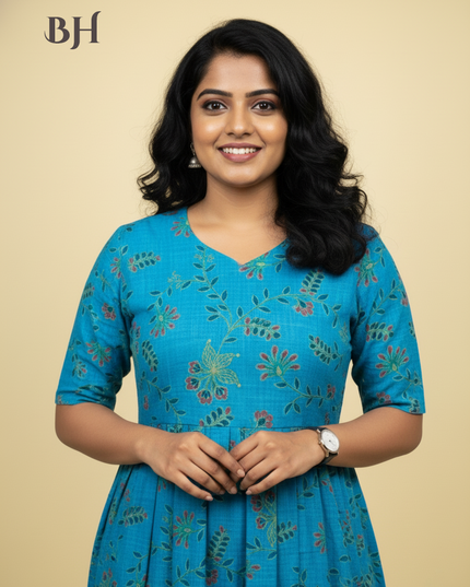 Blue Cotton Frock for Women | Comfortable Daily Wear Dress