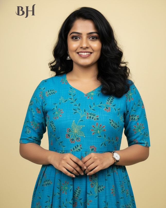 Blue Cotton Frock for Women | Comfortable Daily Wear Dress