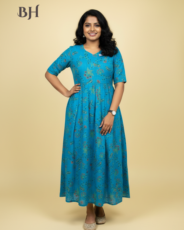 Blue Cotton Frock for Women | Comfortable Daily Wear Dress
