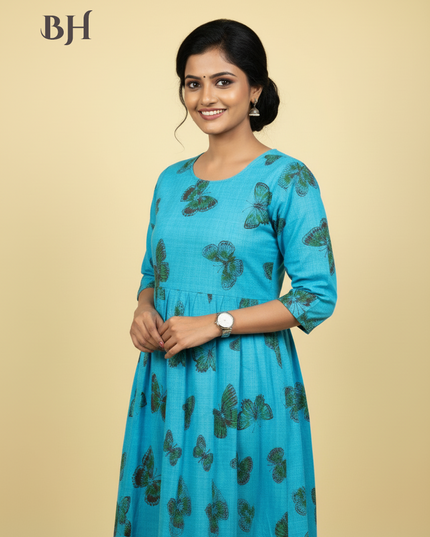 Sky Blue Cotton Frock for Women | Comfortable Daily Wear Dress