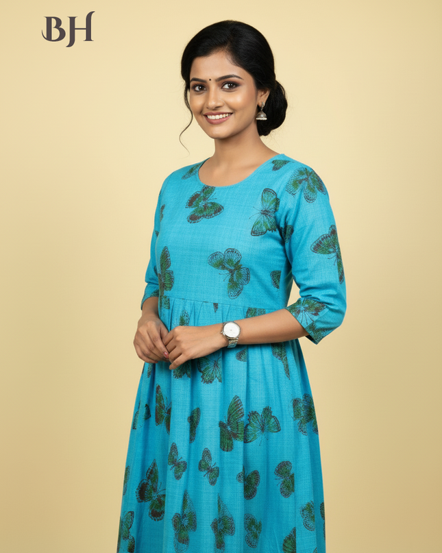 Sky Blue Cotton Frock for Women | Comfortable Daily Wear Dress