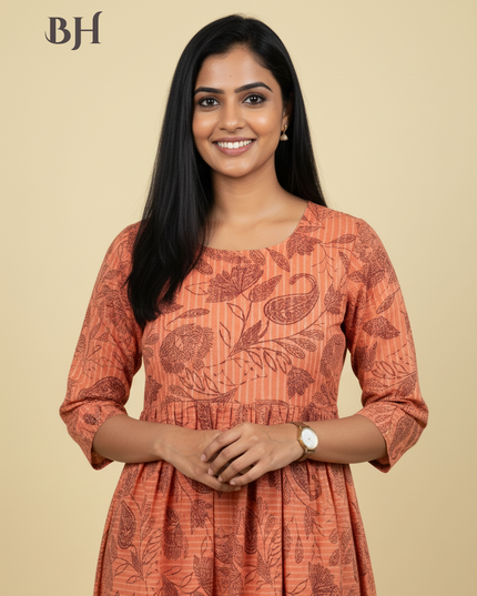 Brown & Orange Cotton Frock for Women | Comfortable Daily Wear Dress