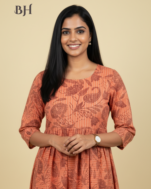 Brown & Orange Cotton Frock for Women | Comfortable Daily Wear Dress
