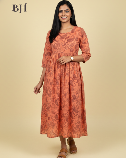 Brown & Orange Cotton Frock for Women | Comfortable Daily Wear Dress
