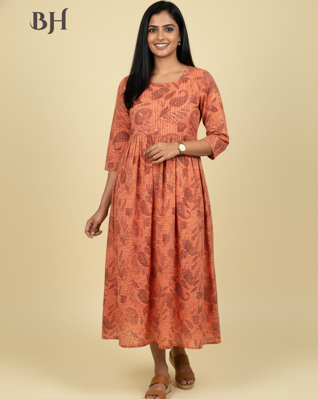 Brown & Orange Cotton Frock for Women | Comfortable Daily Wear Dress