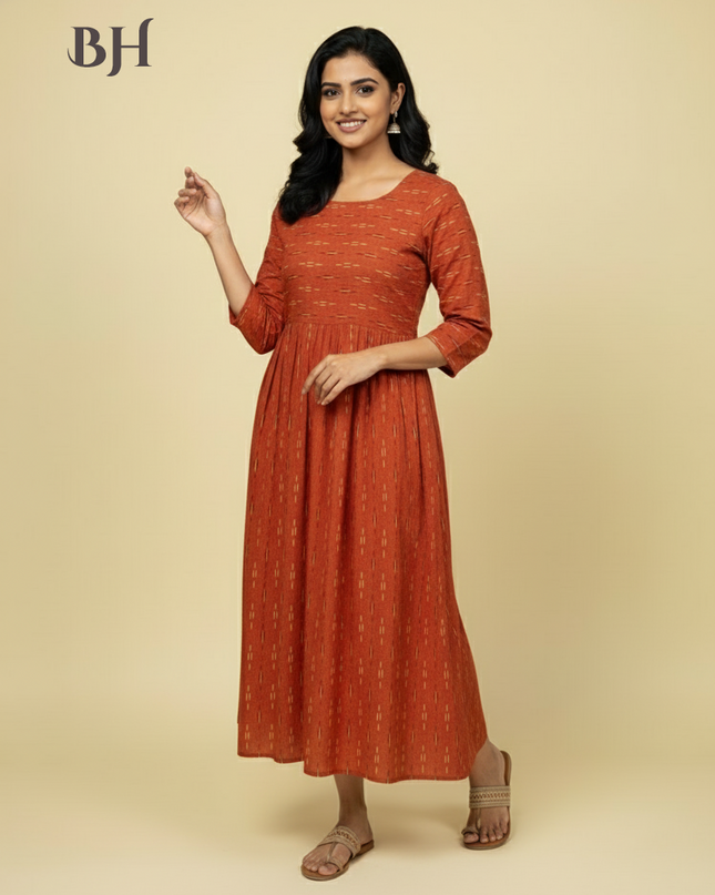 Orange Cotton Frock for Women | Comfortable Daily Wear Dress