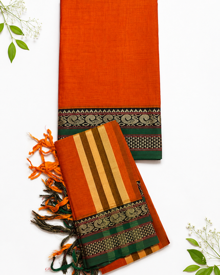 Traditional Wear Narayanpet Mercerised Cotton Dress Material with Orange Colour | Woven Border