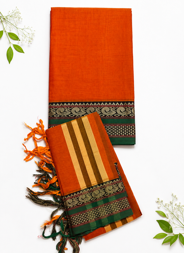 Traditional Wear Narayanpet Mercerised Cotton Dress Material with Orange Colour | Woven Border