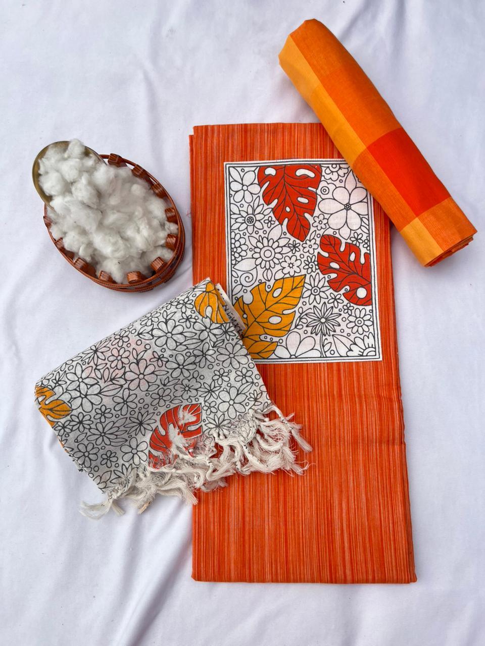 Cotton Dress Material with Orange Color