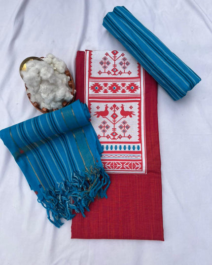 Printed Cotton Dress Material – Pink & Sky Blue Color | Bhavana Handlooms