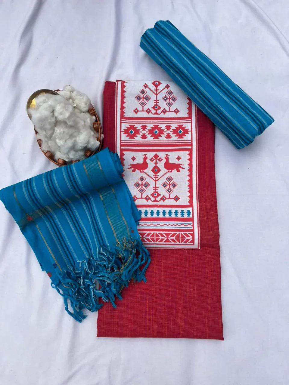 Printed Cotton Dress Material – Pink & Sky Blue Color | Bhavana Handlooms