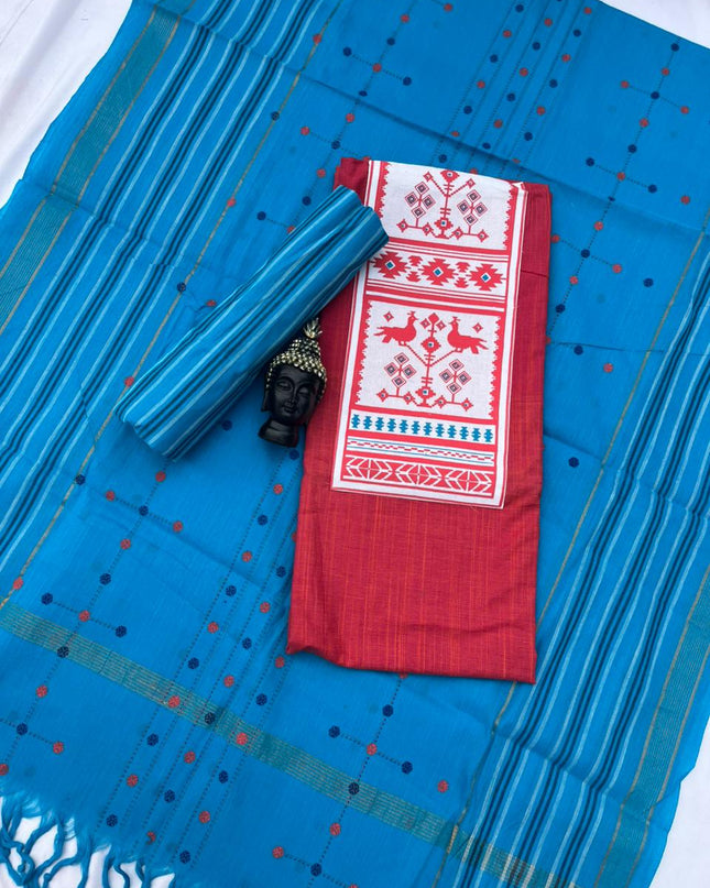 Printed Cotton Dress Material – Pink & Sky Blue Color | Bhavana Handlooms