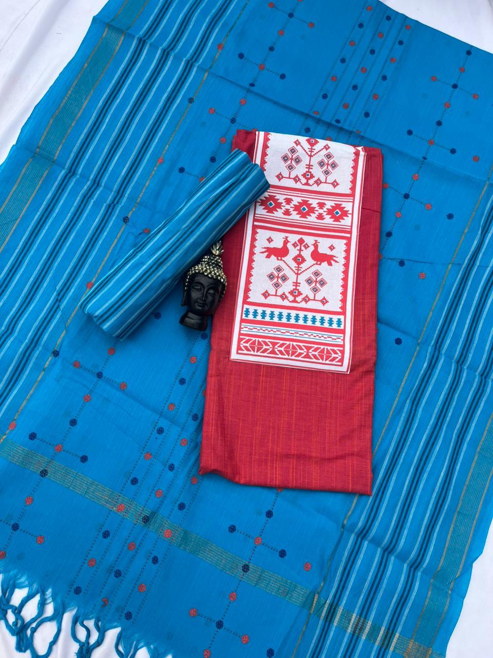 Printed Cotton Dress Material – Pink & Sky Blue Color | Bhavana Handlooms