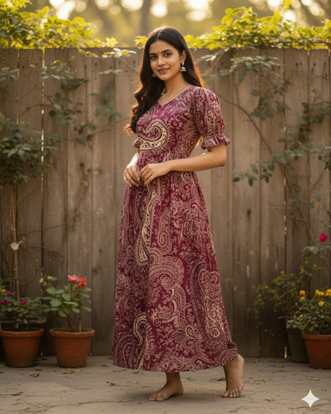 Premium Mul Cotton Frock Wine – Puff Sleeve Design with Knots, Zero Shrinkage