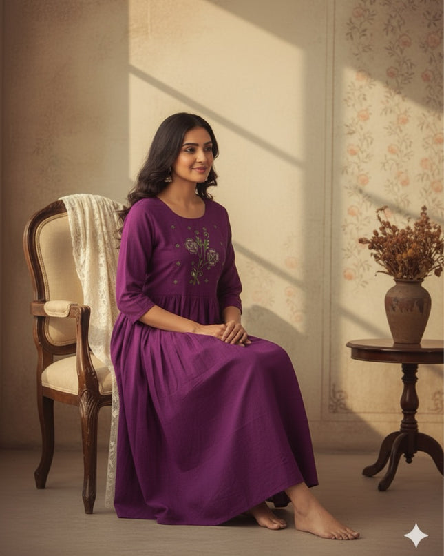 Cotton Plain Long Frock with Light Plum Colour