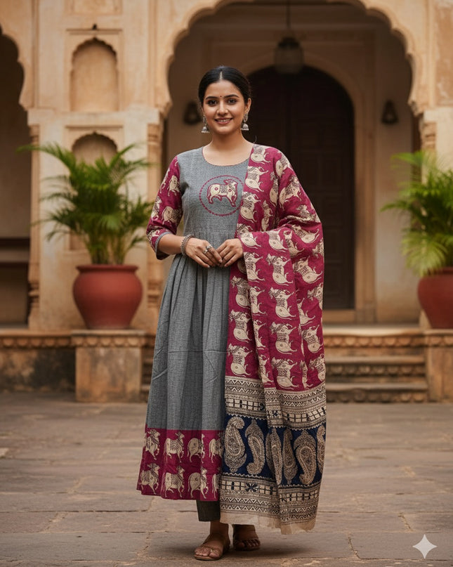 Premium 2-Piece Frock Set Gray Colour – Bhavana Originals Exclusive