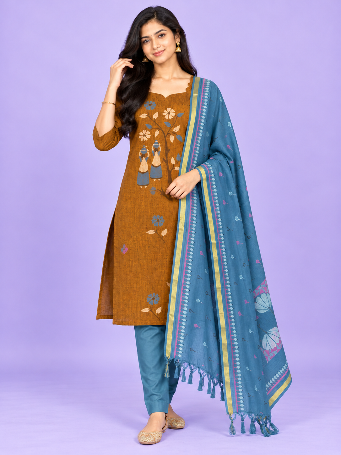 Traditional Gollabhama Print Cotton 3PC Kurti Set in Mustard Brown & Steel Blue | Cut Work Neck Design | Free Style Bottom | Ready to Wear