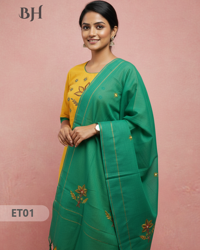Women’s Yellow Cotton 3pc Sets – Mirror Work & Embroidery Design