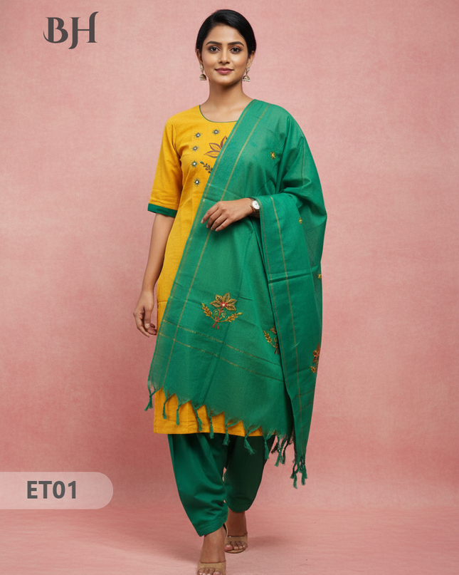Women’s Yellow Cotton 3pc Sets – Mirror Work & Embroidery Design