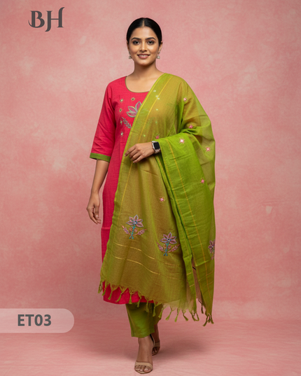 Women’s Pink Cotton 3pc Sets – Mirror Work & Embroidery Design