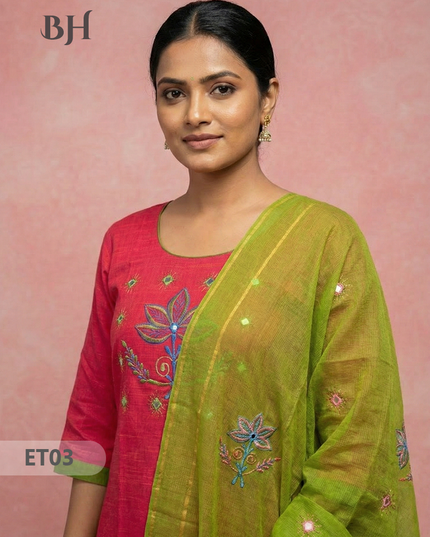 Women’s Pink Cotton 3pc Sets – Mirror Work & Embroidery Design