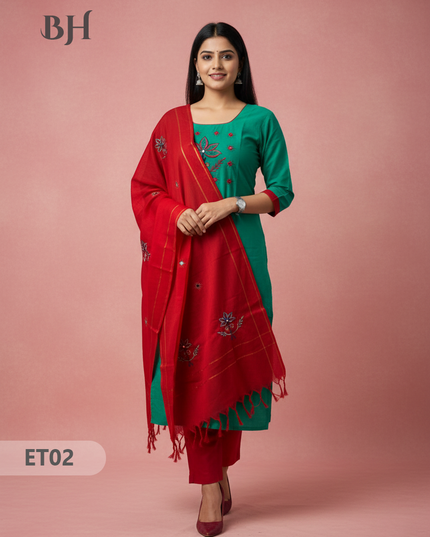 Women’s Green Cotton 3pc Sets – Mirror Work & Embroidery Design