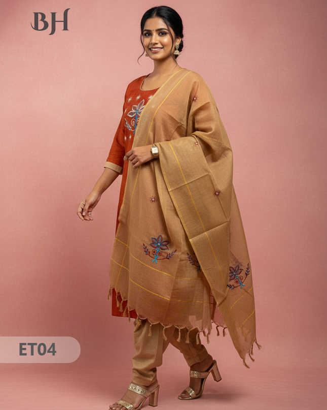 Women’s Orange Cotton 3pc Sets – Mirror Work & Embroidery Design