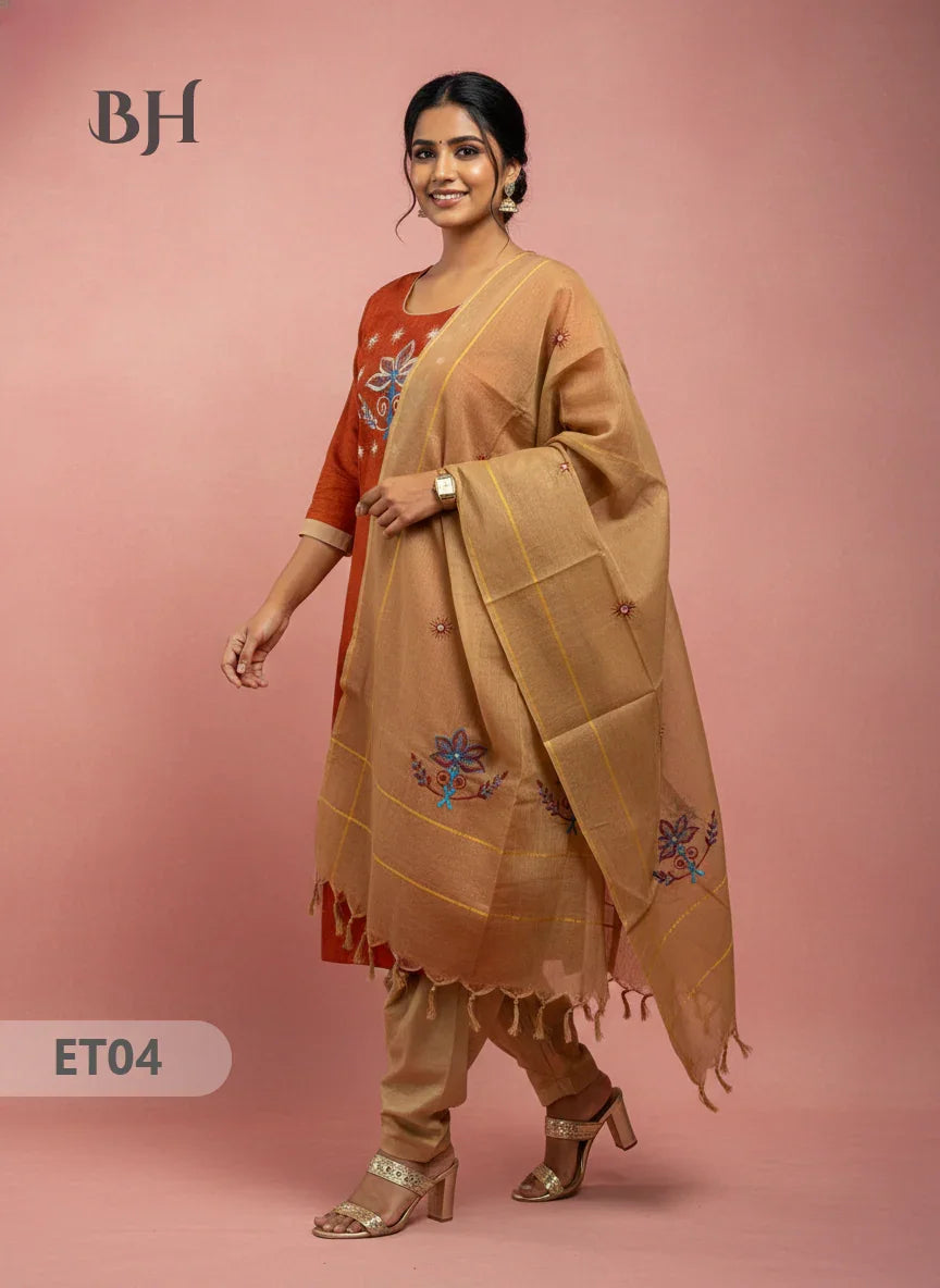 Women’s Orange Cotton 3pc Sets – Mirror Work & Embroidery Design