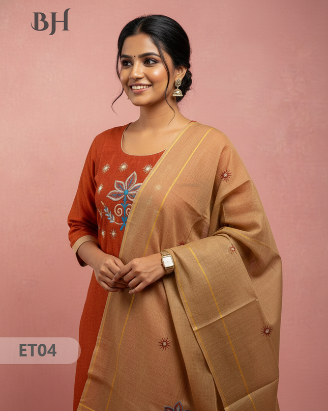 Women’s Orange Cotton 3pc Sets – Mirror Work & Embroidery Design
