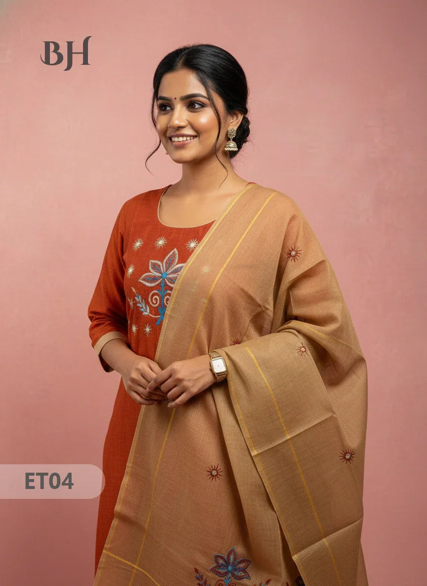 Women’s Orange Cotton 3pc Sets – Mirror Work & Embroidery Design