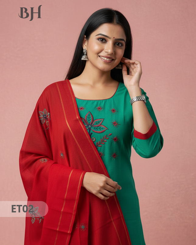 Women’s Green Cotton 3pc Sets – Mirror Work & Embroidery Design