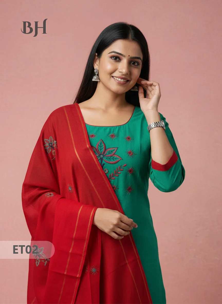 Women’s Green Cotton 3pc Sets – Mirror Work & Embroidery Design