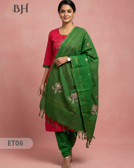 Women’s Red Cotton 3pc Sets – Mirror Work & Embroidery Design