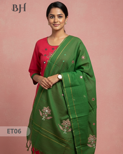 Women’s Red Cotton 3pc Sets – Mirror Work & Embroidery Design