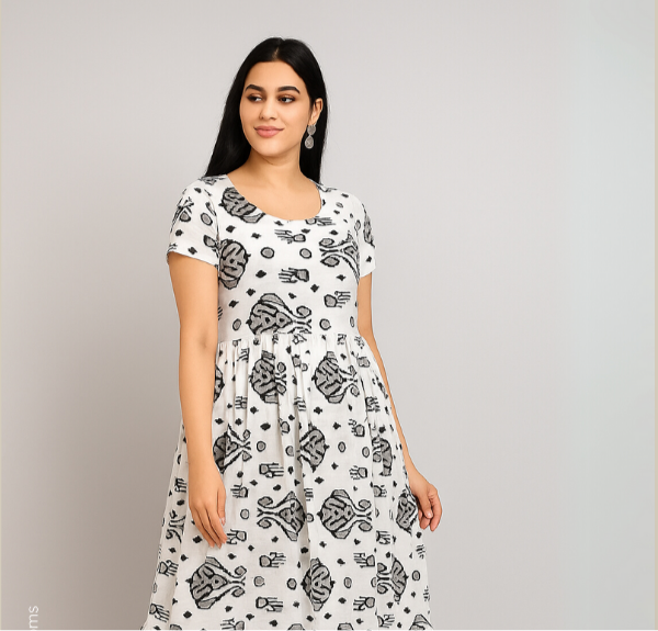 Hand Block Printed Pure Cotton Long Frocks With White Color