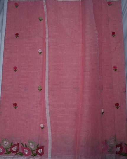 Silk Kota Embroidery Work Saree in Baby Pink Colour with Floral Embroidery Motifs and Elegant Silver Border