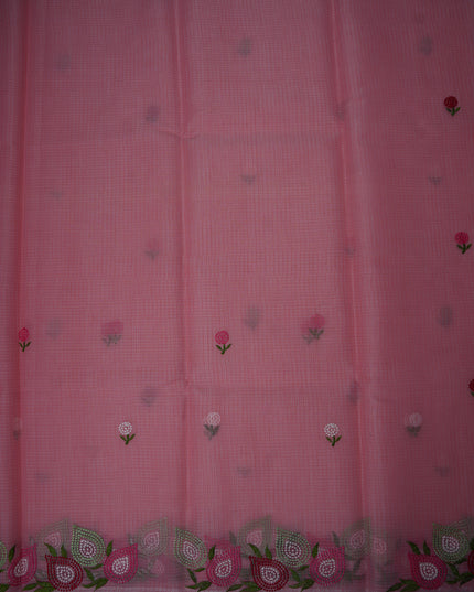 Silk Kota Embroidery Work Saree in Baby Pink Colour with Floral Embroidery Motifs and Elegant Silver Border