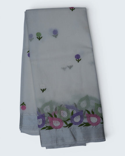 Silk Kota Embroidery Work Saree in Ivory White Colour with Intricate Floral Embroidery Motifs, Multicolor Designer Embroidered Border and Elegant Silver Zari Weave