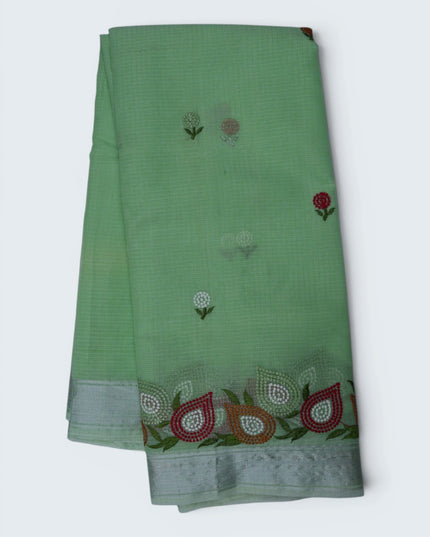 Silk Kota Embroidery Work Saree in Mint Green Colour with Delicate Floral Embroidery Motifs, Multicolor Designer Embroidered Border and Elegant Woven Finish