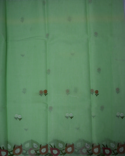 Silk Kota Embroidery Work Saree in Mint Green Colour with Delicate Floral Embroidery Motifs, Multicolor Designer Embroidered Border and Elegant Woven Finish