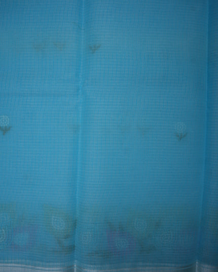 Silk Kota Embroidery Work Saree in Sky Blue Colour with Delicate Floral Embroidery Motifs, Multicolor Designer Embroidered Border and Elegant Woven Finish