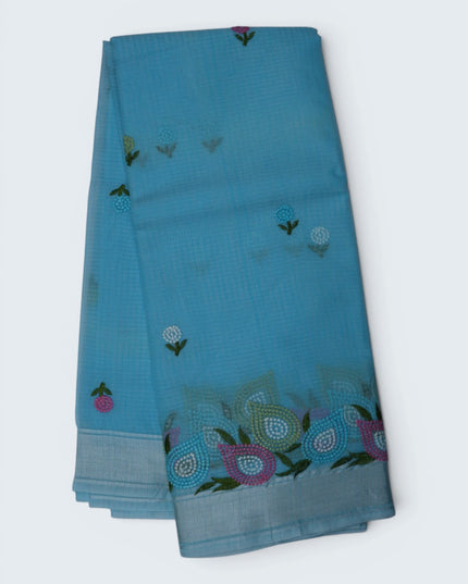 Silk Kota Embroidery Work Saree in Sky Blue Colour with Delicate Floral Embroidery Motifs, Multicolor Designer Embroidered Border and Elegant Woven Finish