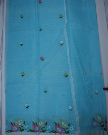 Silk Kota Embroidery Work Saree in Sky Blue Colour with Delicate Floral Embroidery Motifs, Multicolor Designer Embroidered Border and Elegant Woven Finish
